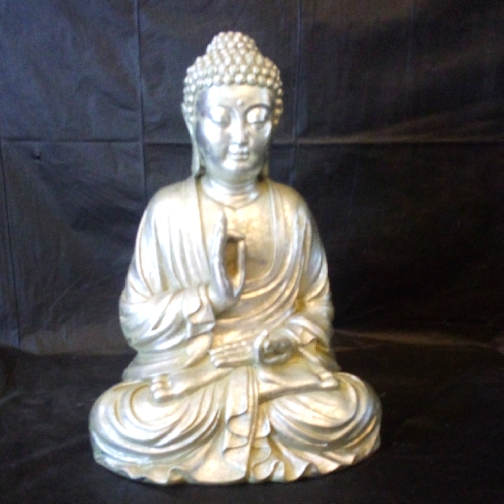 Sitting Young Silver Antique Look  Buddha 12" X 9" Statue Stone Composite